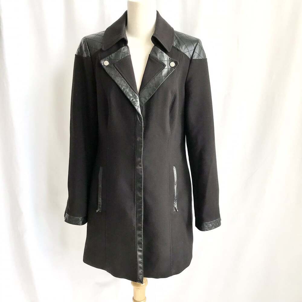 White House Black Market Black Lined Dress Coat Nylon Mix Leather Detail Size M